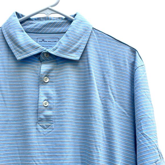 NEW Peter Millar Short Sleeve Polo 100% Cotton Blue w/ Peach Stripes Mens Medium - Picture 1 of 5